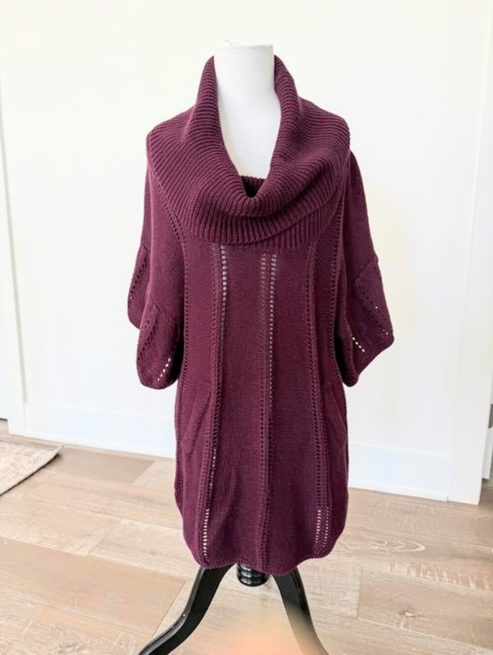 BCBGMAXAZRIA Pointelle Cowl Neck Merino Wool Blend Sweater Burgundy Size Large